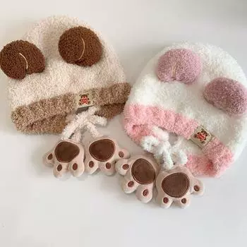 Детская шапка с мультяшной медвежьей лапой, вязаная шапка соответствующего цвета, повседневная детская шапка с ушками