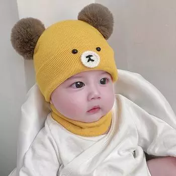 Детская шапка с мультяшным медведем, большой двойной помпон, зимняя теплая шапка для новорожденных, мягкая хлопковая шапка для защиты ушей, детская шапка для маленьких мальчиков и девочек синий