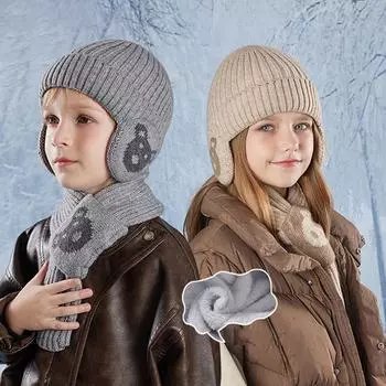 Детская шапка с мультяшным медведем, шарф, комплект из двух предметов, зимний теплый свитер, шапка для мальчиков и девочек, защита ушей, вязаная шерстяная шапка темно-серого