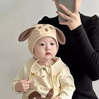 Детская шапка с ушками, сезонная, очень милая, со шнуровкой, с оленем, для новорожденных мальчиков и девочек, детский пуловер, шапка-шина 0-12 months (head circumference 38-45cm) бежевый