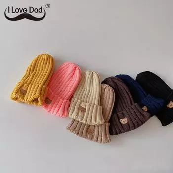 Детская шапка с вышивкой медведя, осенне-зимняя вязаная крючком детская шапочка-бини для девочек и мальчиков, однотонная вязаная теплая детская шапка бежевый