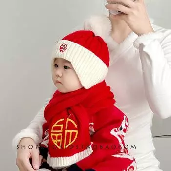 Детская шапка шарф из 2 частей новогодний милый красный детский пуловер шапка шерстяной вязаный шарф прилив Recommended 6 months-3 years old