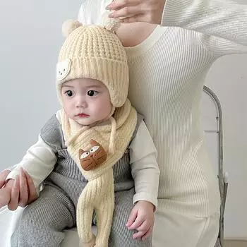 Детская шапка, шарф, комплект из двух предметов, милая мультяшная шерстяная шапка, детский вязаный комплект шапка, шарф, утолщенный, чтобы сохранять тепло