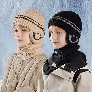 Детская шапка, шарф, костюм, зимний бархатный защитный свитер, шапка для мальчиков, ветрозащитная, теплая, вязаная шерстяная шапка кофейный