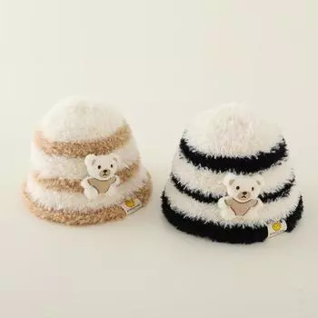 Детская шапка-ушанка Han Bear для купания, детская защитная шапка для ушей для мальчиков и девочек, полосатая плюшевая ветрозащитная теплая осенне-зимняя шапка-ведро 54CM Suitable for children around 5-10 years old