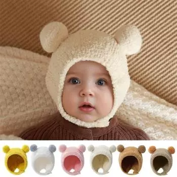 Детская шапка зима-осень, толстая плюшевая, в форме головы мультяшного медведя, однотонная, защита для ушей, эластичная, унисекс, застежка на пуговицы, мягкая, уютная, детская шапочка-бини