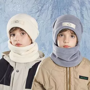 Детская шапка, зимний бархатный теплый шарф, комплект из двух предметов для мальчиков и девочек, уличное утепленное бархатное ухозащитное ухо темно-синий