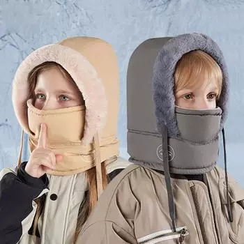 Детская шапка зимняя бархатная защита шеи маска для шеи цельный пуловер шапка для мальчиков девочек детские уличные теплые шапки-бомберы розовый