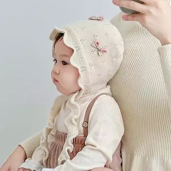 Детская шапка зимняя для девочек, защита ушей, шерстяная шапка, теплая для девочек, для девочек, милый бант, кружевная вязаная шапка Recommended for 5 months to 2 years old (45-49cm) бежевый