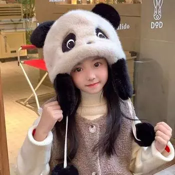 Детская шапка, зимняя, новая, с рисунком панды, плюшевая, мультяшная, пуловер, шапка для мальчиков и девочек, теплая, ветрозащитная, уличная, шапка Lei Feng