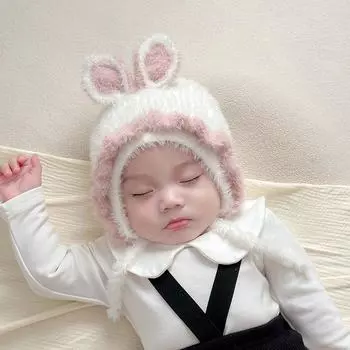 Детская шапка зимняя плюшевая заячья ушка принцесса кружево теплая для девочек детская уха защитная вязаная шапка Recommended 3-18 months (40-46CM) белый