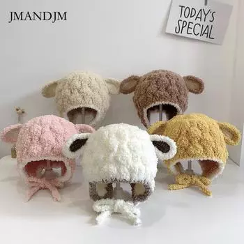 Детская шапка зимняя с ушками из ягненка, симпатичная, теплая, ветрозащитная, для мальчиков и девочек, уличная, с ушками из ягненка