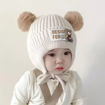 Детская шапка Зимняя шерстяная шапка для мальчиков Утепленная теплая детская шапка с ушками Осенне-зимняя детская вязаная шапка 1-6 years old (head circumference 48-54cm)