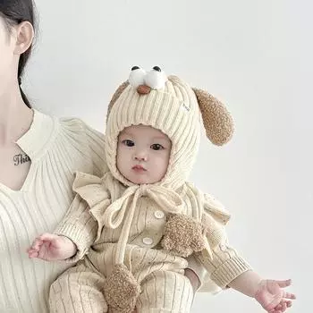 Детская шапка зимняя шерстяная шапка милый щенок утолщенная теплая вязаная шапка с ушками детский пуловер ветрозащитная шапка 5 months-3 years old (head circumference 44-51cm)