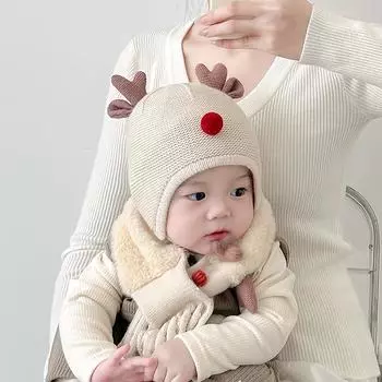 Детская шапка зимняя шерстяная шапка шарф комплект милый очень милый маленький олений рожки вязаная защитная шапка для ушей термочехол шапка