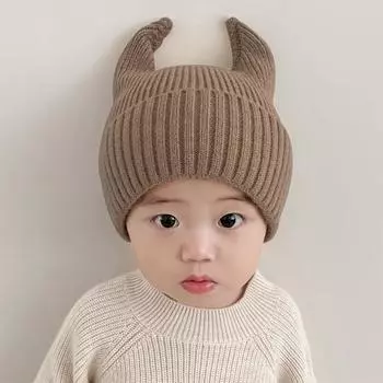 Детская шапочка, детская вязаная шапка для мальчиков и девочек, откидная шляпа с милыми рогами, детские шапки