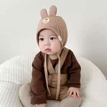 Детская шапочка весна и осень тонкая детская мужская и женская теплая детская фетальная шапочка родничок осенне-зимняя милая шапка с ушками хаки