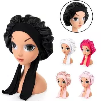 Детская шелковая атласная шапочка для сна, широкая регулируемая эластичная шапка для волос, головной убор чёрный