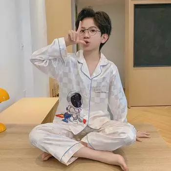 Детская шелковая пижама с рисунком из мультфильма — с длинными рукавами, стильная, легкая, на весну и осень Size 12 [115-125CM]