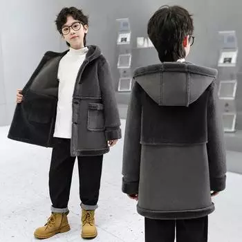 Детская шерстяная куртка для мальчиков осень-зима, пальто плюс утолщенный бархат, верхняя одежда для мальчиков, 2 цвета 170 темно-серого