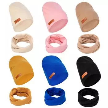 Детская шерстяная шапка, комплект из 2 шт., шарф, кожаная этикетка, детская шапочка, теплая шапка, осенне-зимняя детская шапка для девочек и мальчиков, аксессуары, От 1 до 4 лет чёрный