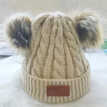 Детская шерстяная шапка с двойным шариком, шерстяной шарик, детская вязаная шапка, эластичная белый