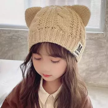 Детская шерстяная шапка с мультяшными кошачьими ушками - теплый осенне-зимний защитный пуловер для детей 46-56cm красный