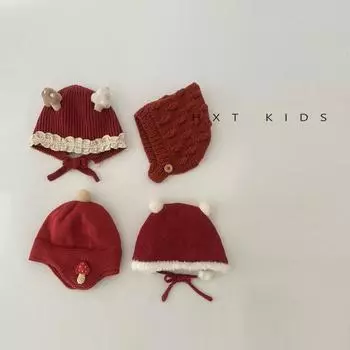 Детская шерстяная шапка зимняя иностранный стиль ретро красный новогодняя праздничная вязаная шапка новорожденный теплая шапка зимняя