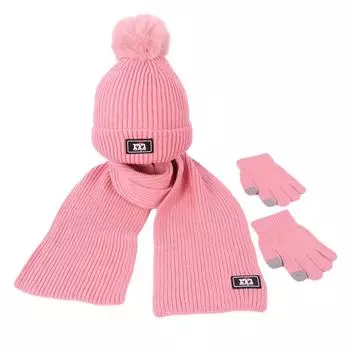 Детская шерстяная шапка зимняя новая простая шапка с лейблом M шарф перчатки три комплекта утолщенной теплой детской вязаной шапки