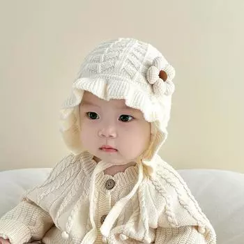 Детская шерстяная шапочка осень-зима корейская версия кружевной шапочки принцессы для девочки милая вязаная шапочка с ушками для маленьких цветочков, чтобы согреться 43-47cm