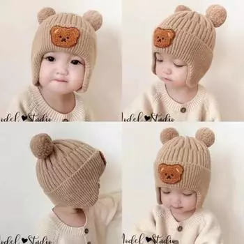 Детская шерстяная вязаная шапка с милым медвежонком, защитная шапка для ушей, зимняя утолщенная теплая корейская версия, шапка для девочек и мальчиков, подарок для детей кофейный