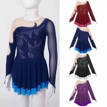Детская шифоновая танцевальная одежда с блестками и цветочным хрусталью, сетка со стразами, балетное танцевальное гимнастическое трико, платье-пачка, сценический костюм 5-6 Years темно-синий