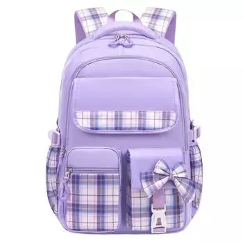 Детская школьная сумка с бантом, клетчатым принтом, регулируемым мягким плечевым ремнем, большой вместимости S чёрный