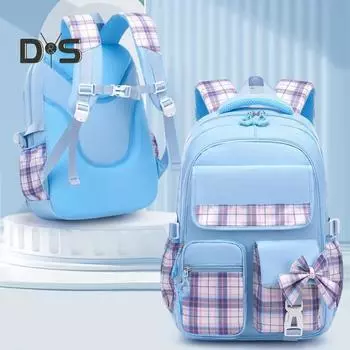 Детская школьная сумка с бантом, клетчатым принтом, регулируемым мягким плечевым ремнем, большой вместимостью, дышащей сетчатой подкладкой, водонепроницаемой, просторной, для начального уровня S чёрный