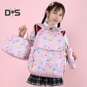 Детская школьная сумка с ланч-боксом и пеналом с мультяшным принтом, школьная сумка для 3-6 классов, легкая, с регулируемым плечевым ремнем, карманами и отделениями для путешествий серый