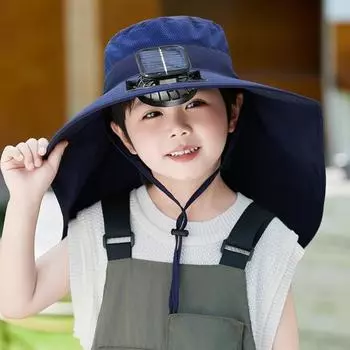 Детская шляпа с солнечным вентилятором и шейным клапаном, защитная от УФ-излучения шляпа с охлаждающим вентилятором, перезаряжаемая дышащая летняя шляпа от солнца с широкими полями для мальчиков и девочек чёрный