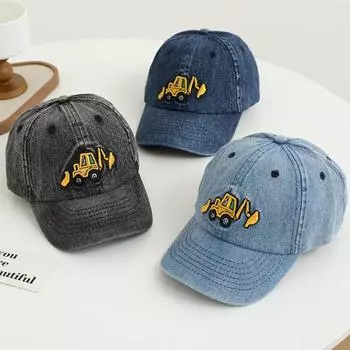 Детская шляпа унисекс, джинсовая бейсболка в стиле ретро, мультяшная экскаваторная вышивка с длинными полями, защита от солнца, уличная шляпа от солнца