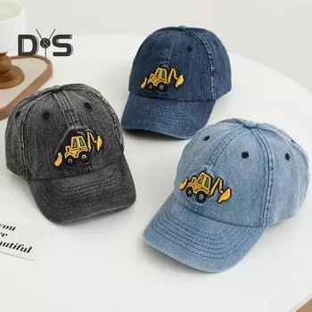 Детская шляпа унисекс, джинсовая бейсболка в стиле ретро, мультяшная экскаваторная вышивка с длинными полями, защита от солнца, уличная шляпа от солнца светло-синий