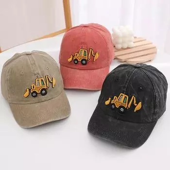 Детская шляпа унисекс, мытая бейсболка в стиле ретро, мультяшный экскаватор, вышивка, с длинными полями, защита от солнца, защита от солнца, уличный головной убор, шляпа от солнца хаки