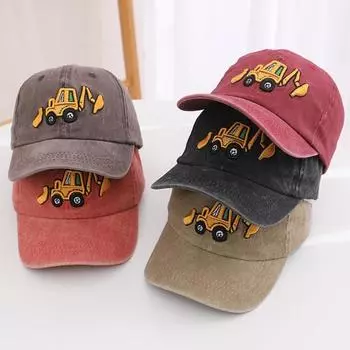 Детская шляпа унисекс, мытая бейсболка в стиле ретро, мультяшный экскаватор, вышивка, с длинными полями, защита от солнца, защита от солнца, уличный головной убор, шляпа от солнца чёрный