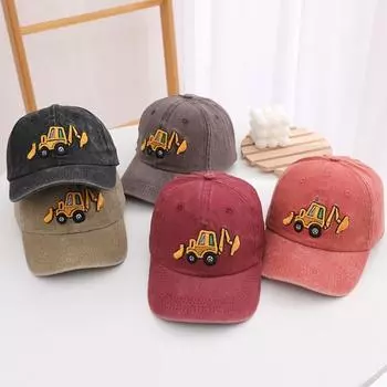Детская шляпа унисекс, мытая бейсболка в стиле ретро, мультяшный экскаватор, вышивка, с длинными полями, защита от солнца, защита от солнца, уличный головной убор, шляпа от солнца чёрный