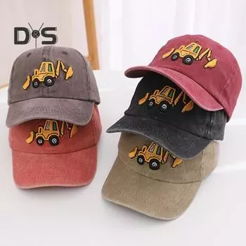 Детская шляпа унисекс, мытая бейсболка в стиле ретро, мультяшный экскаватор, вышивка, с длинными полями, защита от солнца, защита от солнца, уличный головной убор, шляпа от солнца чёрный