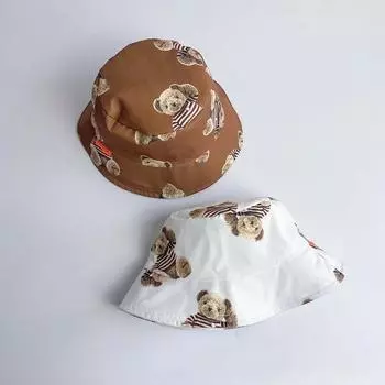 Детская шляпа-ведро с плоским верхом и милым принтом медведя для мальчиков и девочек, солнцезащитная детская шапка белый