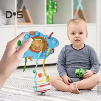 Детская силиконовая погремушка с цветными шнурками для развития мелкой моторики у новорожденных, прорезывающихся зубов, сенсорная игрушка для малышей, мальчиков и девочек, погремушка в форме самолета синий