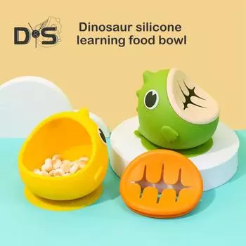 Детская силиконовая присоска, мультяшный динозавр, съемная крышка, защита от разливов, пищевая марка, микроволновая печь, кормушка для малышей, чаша в виде змеи, контейнер для еды зелёный