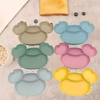 Детская силиконовая тарелка с присоской - дизайн с изображением мультяшного краба, разделенные отсеки для удобства приема пищи, небьющаяся посуда для детей и малышей бежевый