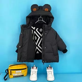 Детская симпатичная куртка из шерпы с капюшоном, осенне-зимняя толстая верхняя одежда, теплая, утолщенная, симпатичная лягушка с капюшоном 130 чёрный