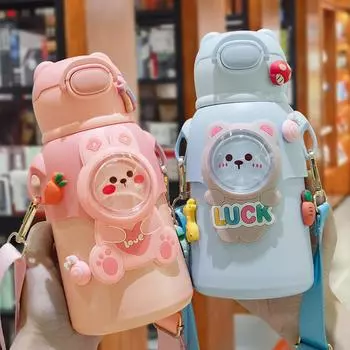 Детская симпатичная соломенная чашка из пищевой нержавеющей стали 316, портативная герметичная термокружка с дисплеем и функцией охлаждения 520ml