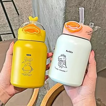 Детская соломенная чашка, изолированная чашка из нержавеющей стали 304, прыгающая чашка с уткой и большая ручная чашка для воды для живота 350ml