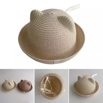 Детская соломенная шляпа от солнца, сделанная вручную, детская шапка-рыбак с ушками, модный ветрозащитный головной убор от солнца бежевый